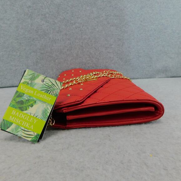 Badgley Mischka Red Diamond Quilted  Round Studs Crossbody Bag Vegan Leather - Picture 8 of 9